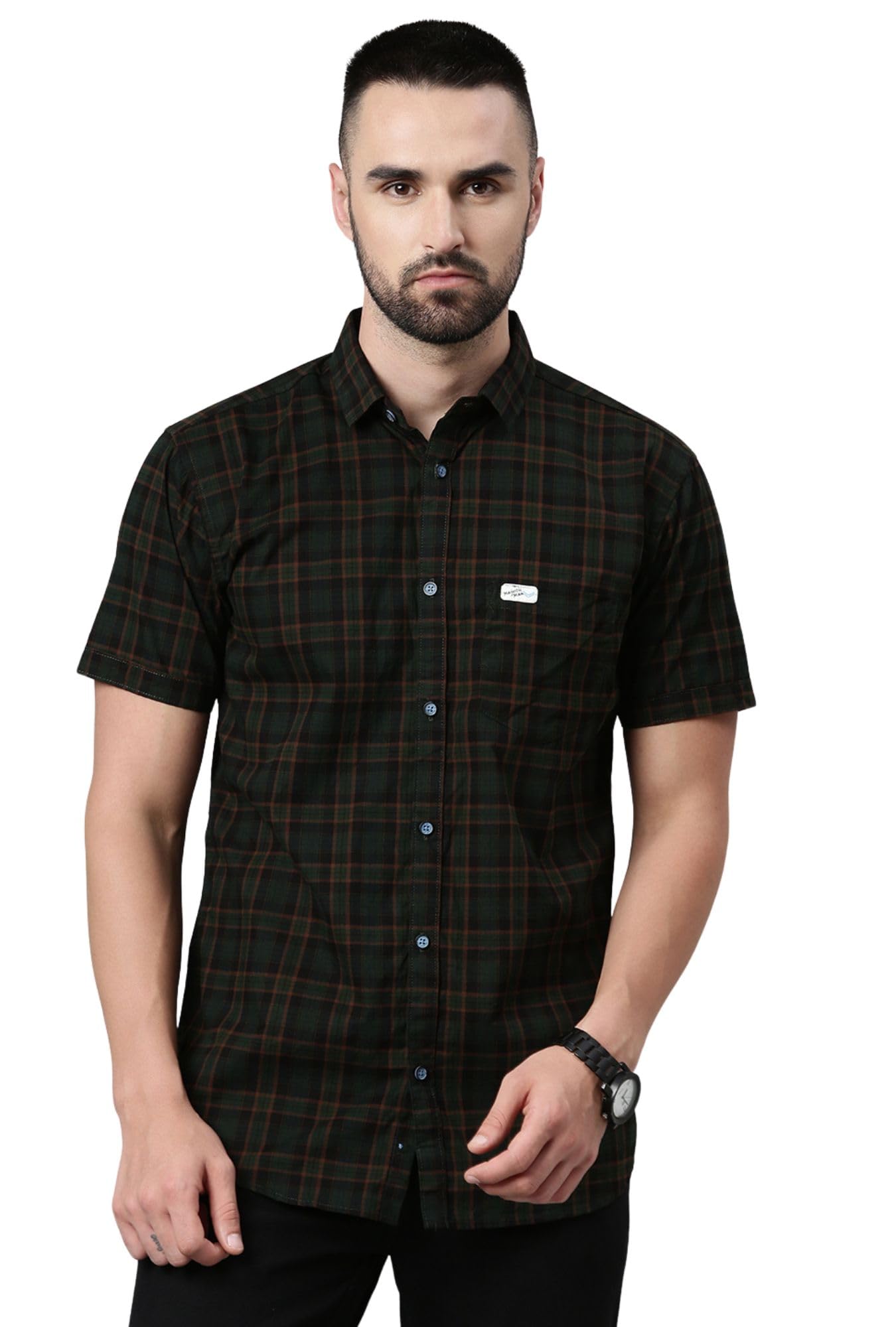 Men Cotton Checkered Half Sleeve Slim Fit Casual Shirt