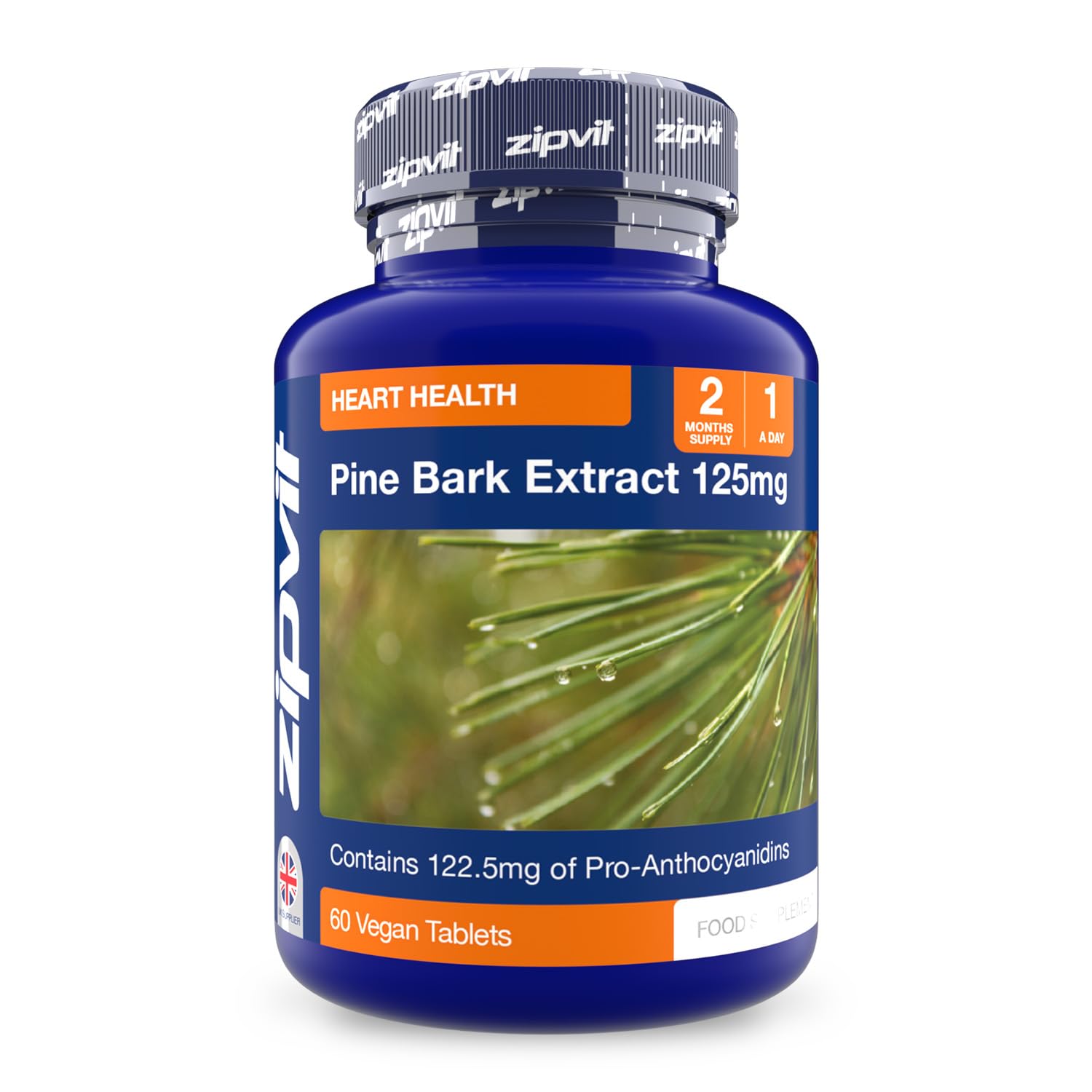 Pine Bark Extract 125mg, 60 Vegan Tablets. 122.5mg Pro-anthocyanins. Made in UK.