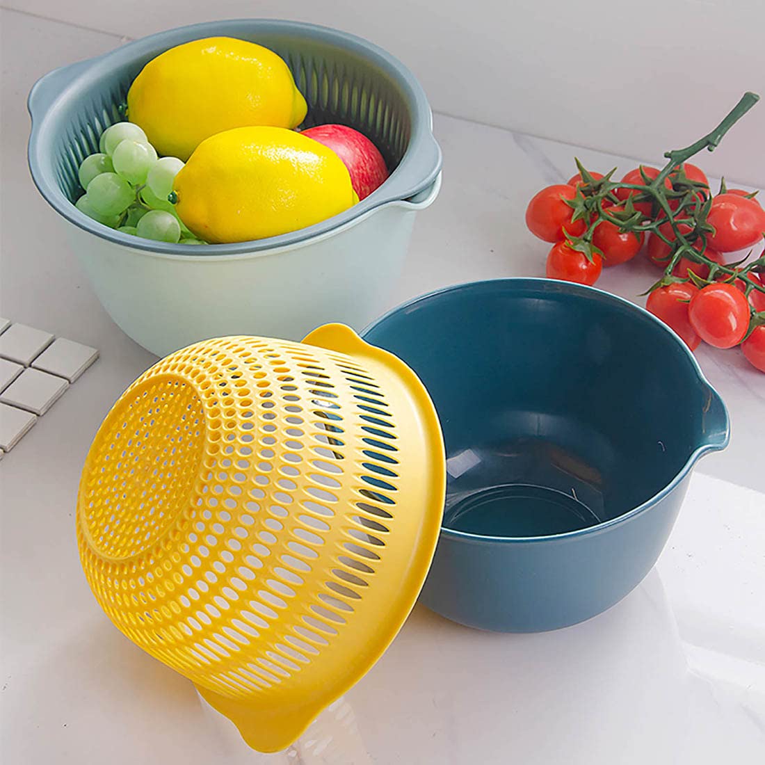 Youka Cestello di Scarico per Scolapasta da Cucina, Set di Ciotole per Scolapasta 2-in-1, Plastica PP Senza BPA Doppio Strato Staccabile per Lavare Verdure e Frutta