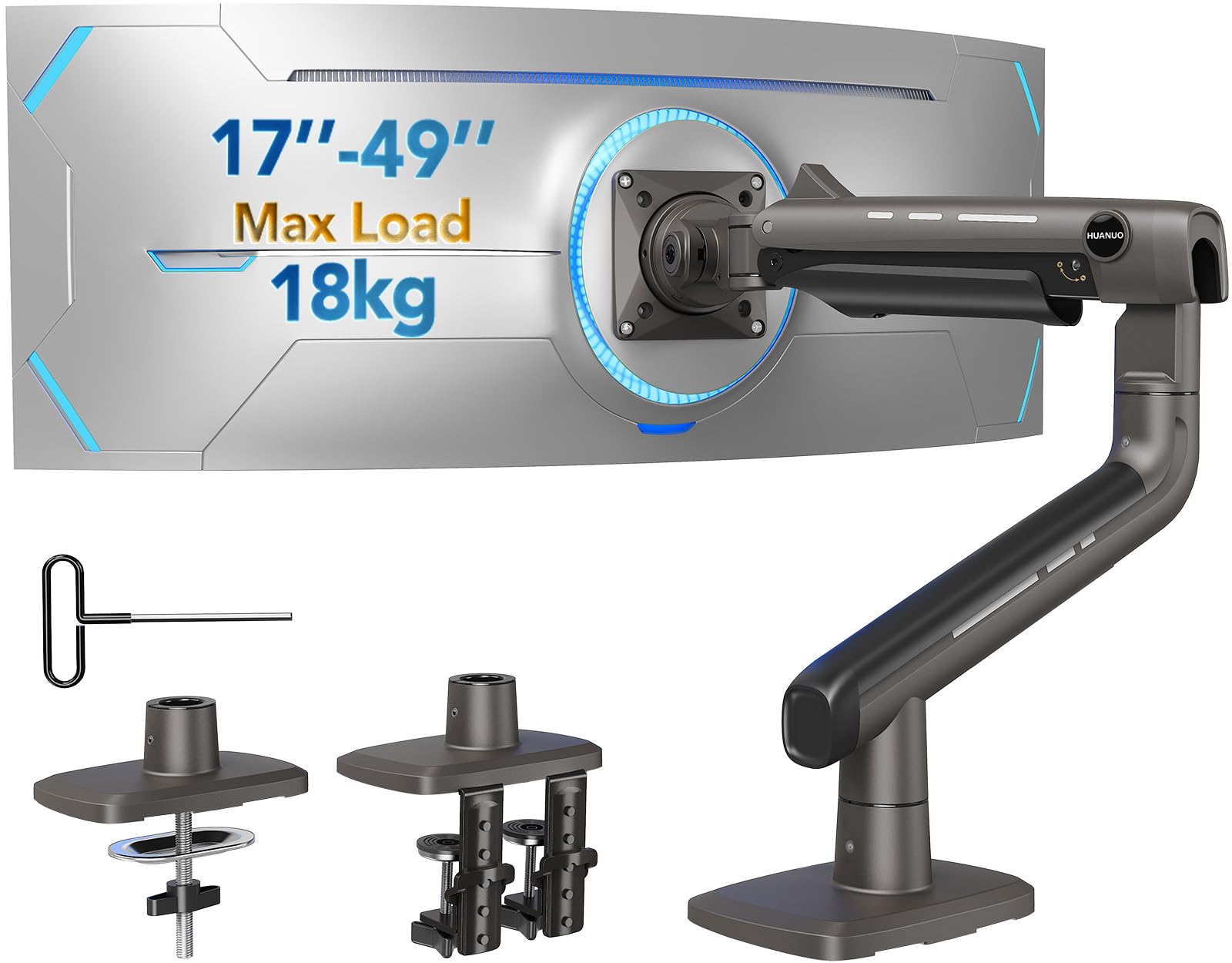 HUANUO Bras articulé Écran Ultralarge à 49 Pouces, Tient 18kg, Support pour Écran Ultralarge du Bureau en Aluminium, Support Écran Unique Ajustable avec Pince en C, Base à œillet, VESA 100x100mm Max