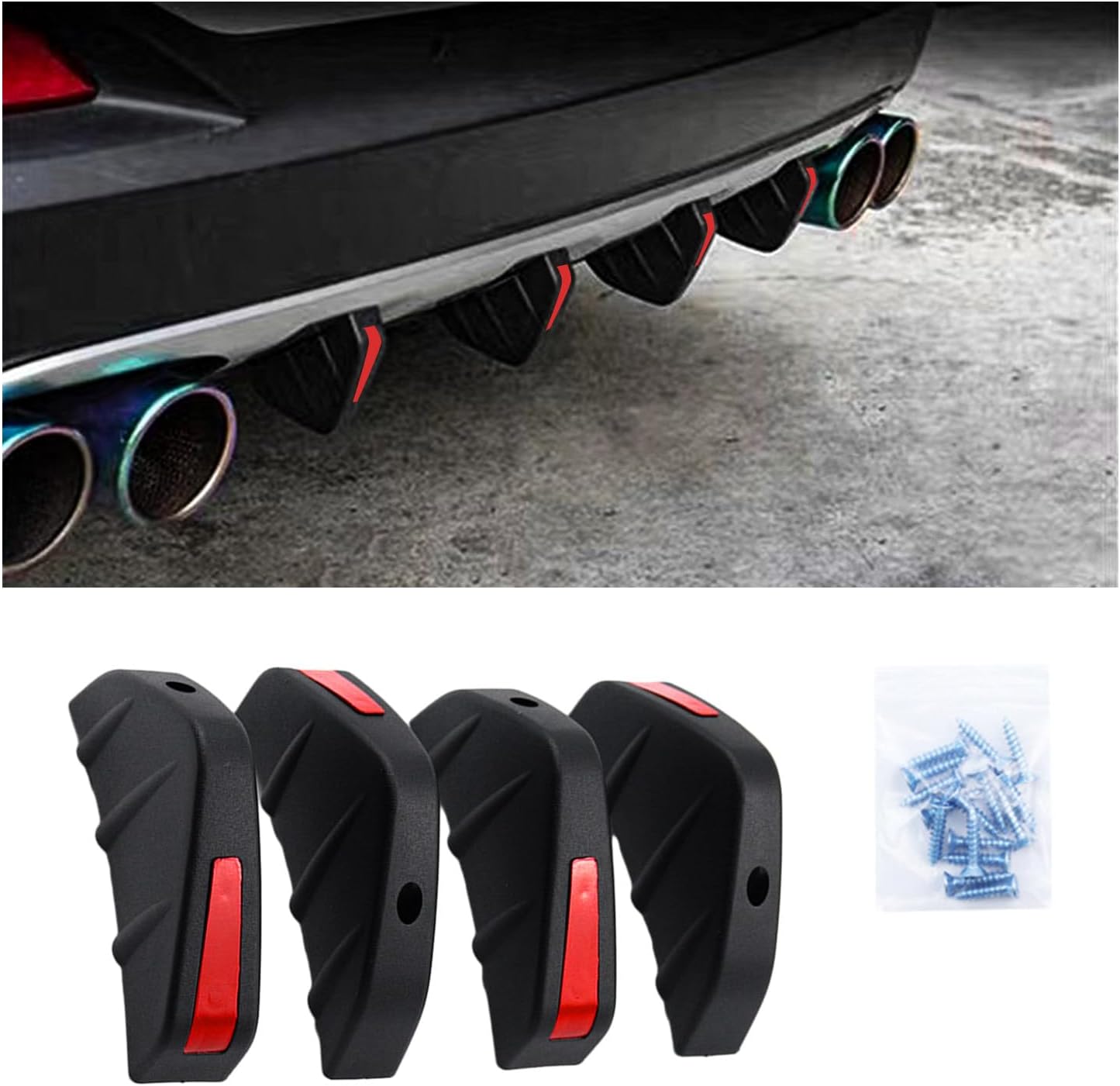 Augeny 4PCS Car Rear Lower Bumper Wing Lip Diffuser, Anti-Crash Auto Shark Fin Spoiler Protector with Mounting Screws, Universal Rear Bumper Lip Diffuser Kit for Car SUV Truck (Black Edge/Red Cover)