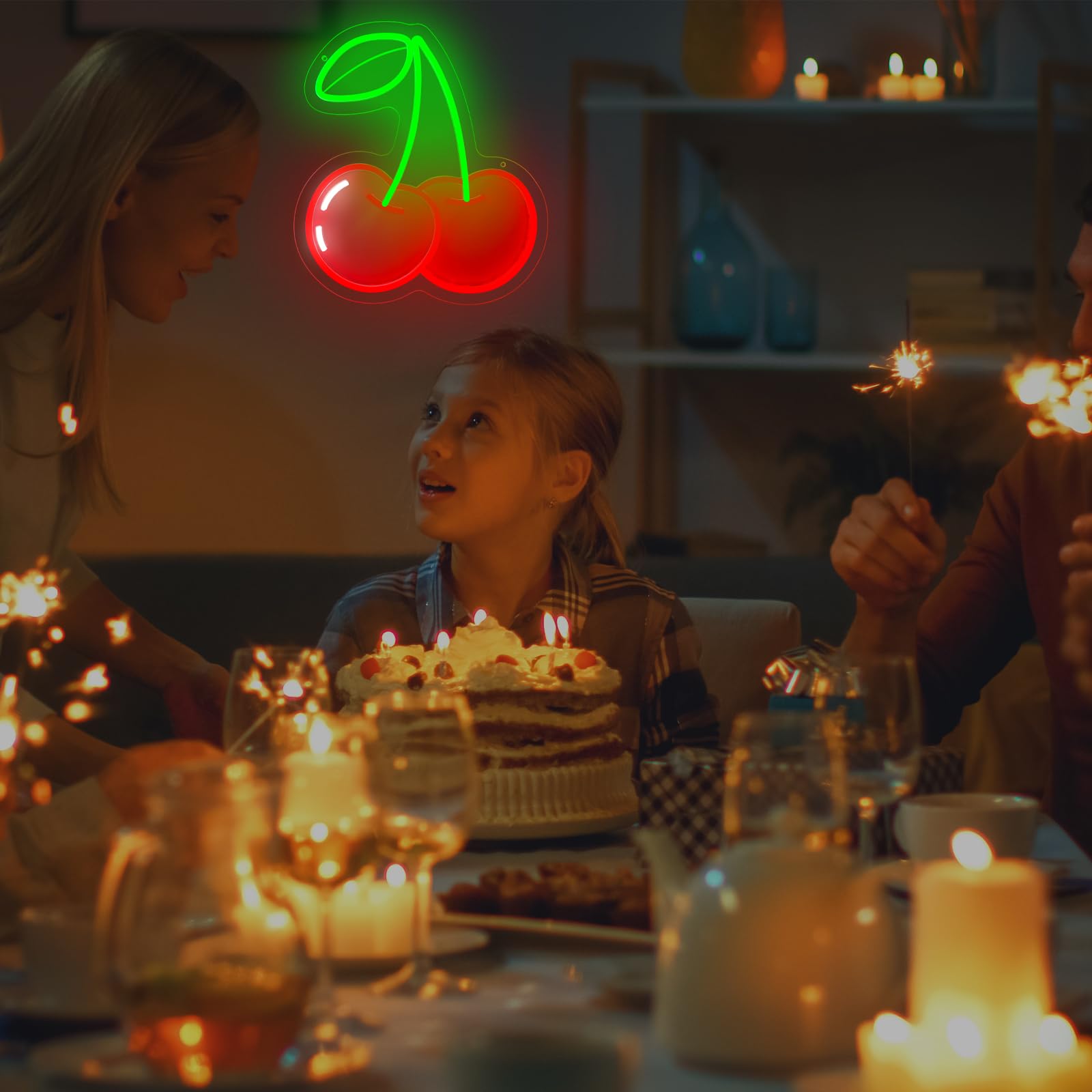 Insegna al neon a forma di ciliegia, decorazione da parete, dimmerabile, con stampa di frutta, luci al neon al neon a tema frutta vibrante per camera dei bambini, camera da letto, ristorante, bar