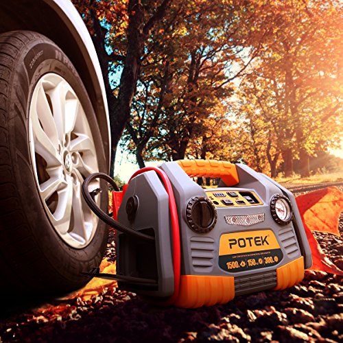 POTEK Portable Power Source:1500 Peak/ 750 Instant Amps Jump Starter, 300W Inverter,150 PSI Air Compressor