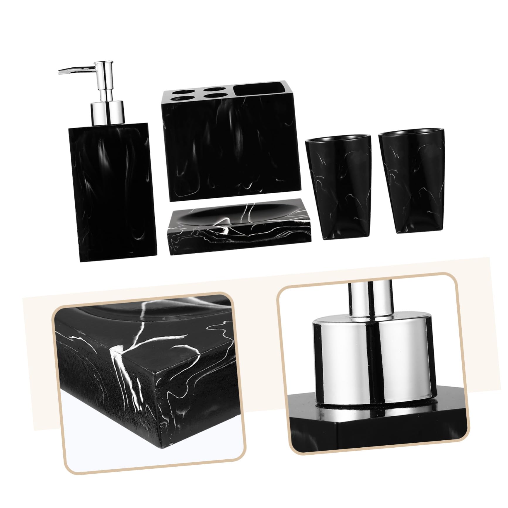 ABOOFAN Juego de Accesorios de Baño Marmolado Negro Jabonera, Estante para Cepillos, Vasos Enjuague Bucal y Botella de Viaje, Resina Práctica, para Baño y Viaje, Set de 5 Piezas