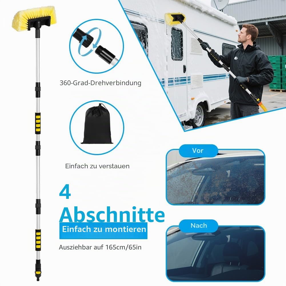 Autowaschbürste mit Wasseranschluss, Teleskop Waschbürste, Autowaschbürste mit Stiel, Waschbürste mit Teleskopstiel ALU-Teleskop mit An/Aus Schalter und1/2 Schlauchanschluss, 48-165cm, Gelb
