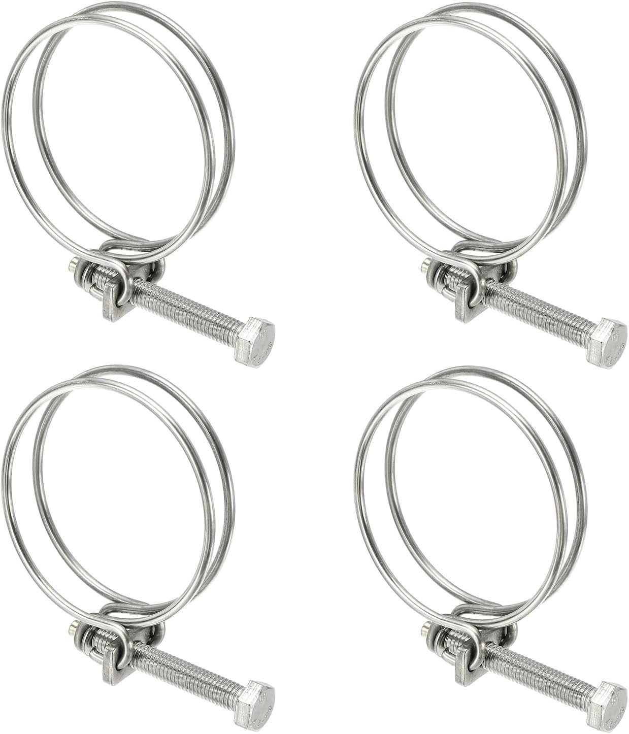 4 Pcs Double Wire Hose Clips 55-62 mm 304 Stainless Steel Adjustable Wire Pipe Tube Clamps with M8 Screw Plumbing Joint Fastener for Dust Collection Pool Pond, Silver