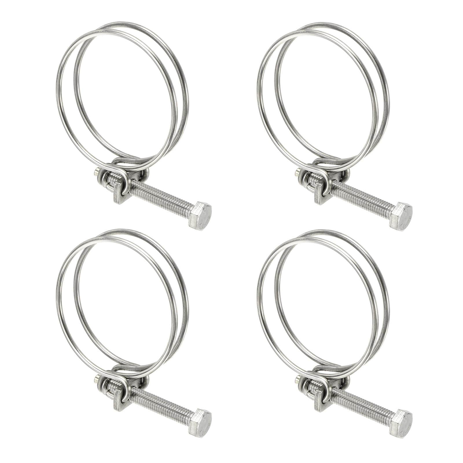 sourcing map 4 Pcs Double Wire Hose Clips 55-62 mm 304 Stainless Steel Adjustable Wire Pipe Tube Clamps with M8 Screw Plumbing Joint Fastener for Dust Collection Pool Pond, Silver