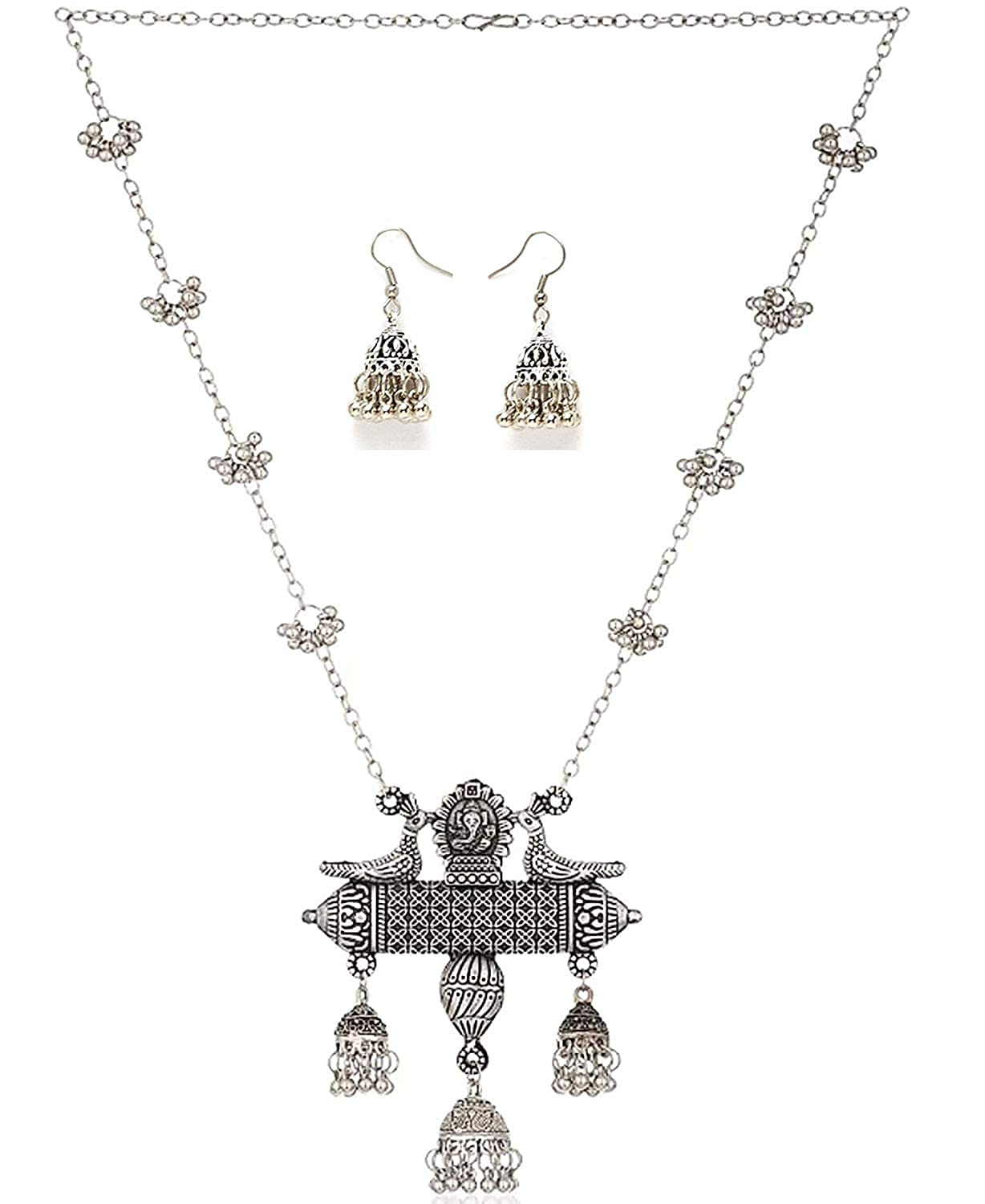 MolikaLatest Oxidised German Silver Afghani Long Chain Pendant with Earrings Necklace Jewellery Set for Women (Silver)