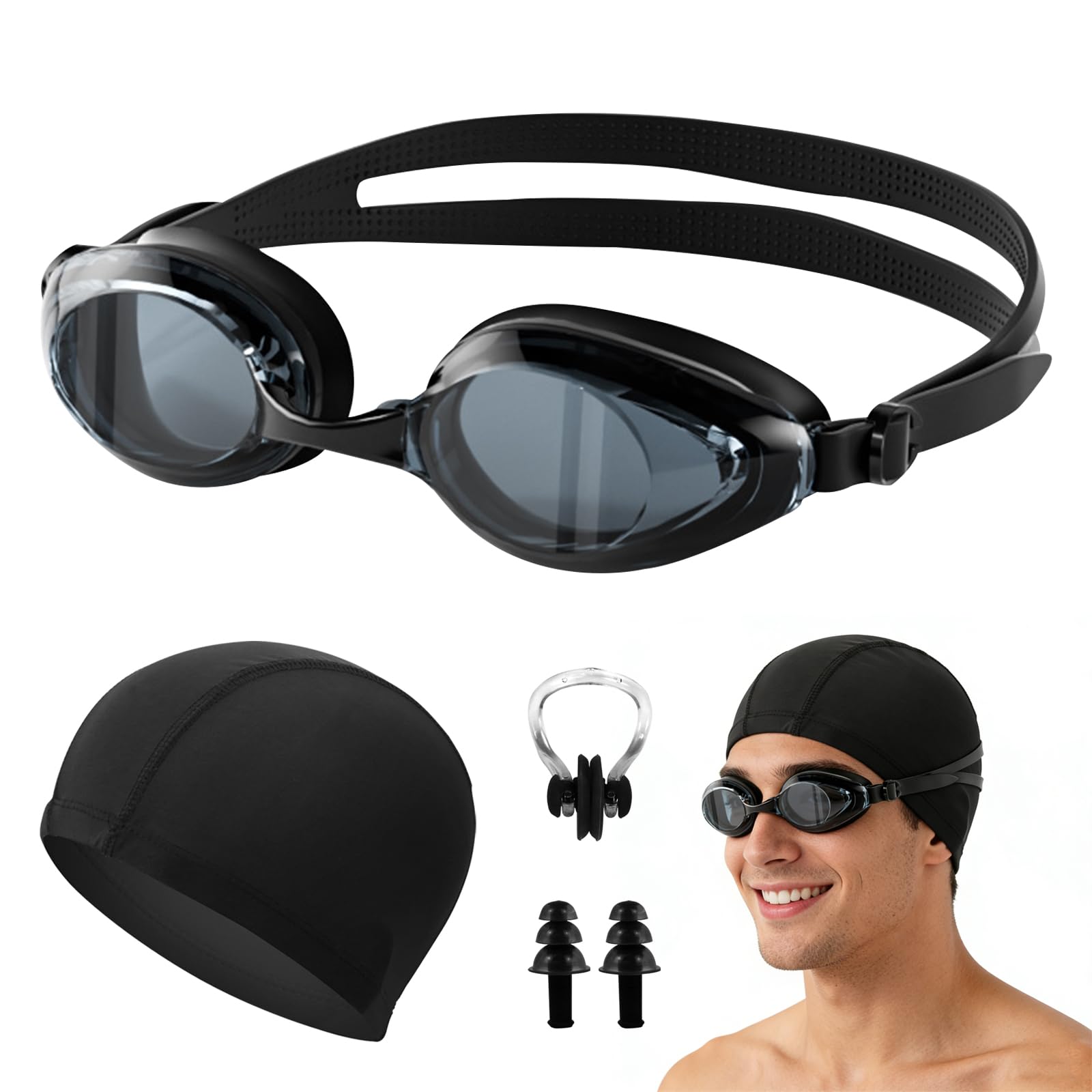 BSITSSS 4 Pieces Swimming Goggles + Swimming Cap + Earplugs and Nose Clips Set, Swim Goggles for Adult, Swimming Googles Clear Vision Waterproof, Fashion SwimmingGlasses