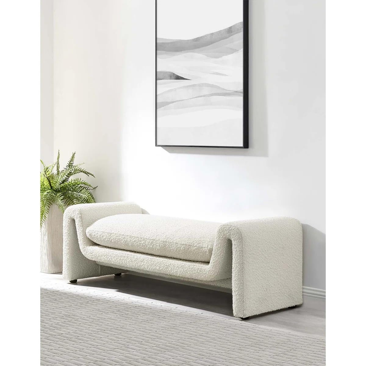 Boucle Fabric Upholstered Bench with Wood Legs – No-Assembly Dining,Polyester Upholstered Storage Bench Entryway, Or Bedroom Ottoman Bench (2 Seater) (Ivory Boucle Fabric Bench)-image-48