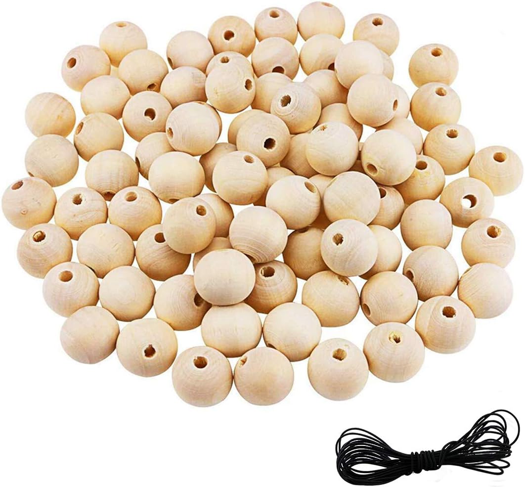 DLOnline 120PCS 20mm Natural Wood Beads Wooden Loose Beads Round Wood Beads Unfinished Spacer Beads with 2m Elastic Rope (Diameter 1mm) for DIY Art Supplies Bracelet Hand