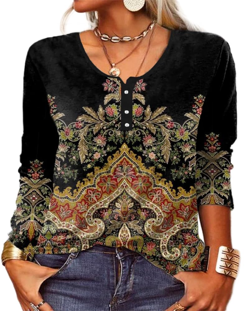 Akivide Women's Boho Floral Print Long Sleeve Henley V Neck Button Front Casual Blouse Vintage Ethnic Shirt Plus Size