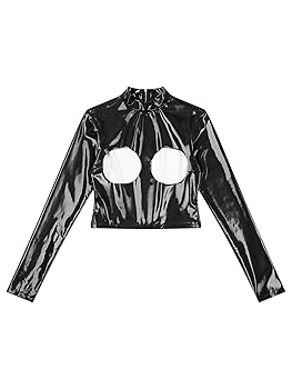 Lorilida Women Shiny Metallic Liquid Open Front Crop Top