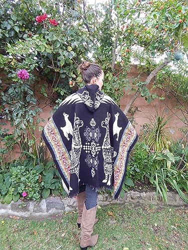 Blue Butterfly - Alpaca Comfort Charcoal Hooded Poncho (One Size) - Women's & Unisex-Adult - Alpaca Wool - Geometric Design - Handmade in Ecuador3