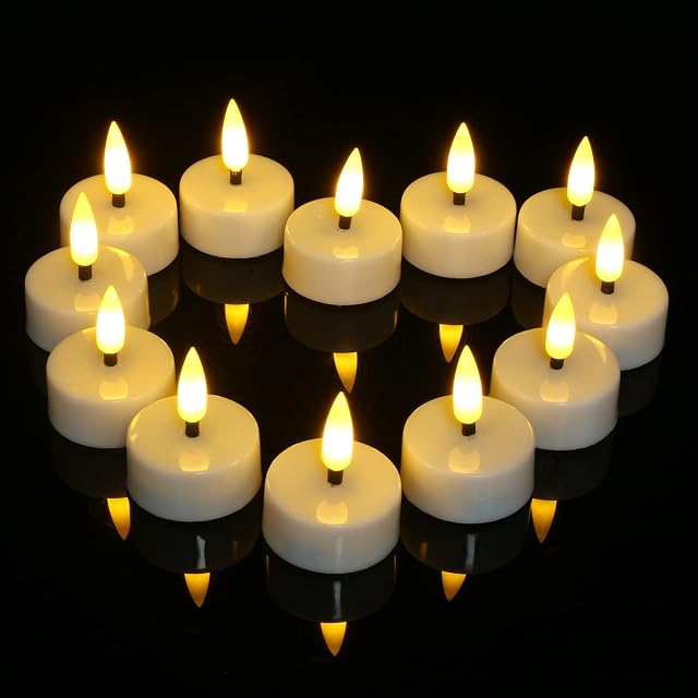 Ymenow Tea Lights Candles with Timer, 12pcs Battery LED Flameless Tealights Candles Flickering with 3D Candle Wicks Long Burning for Home Table Wedding Christmas New Year Party Decorations