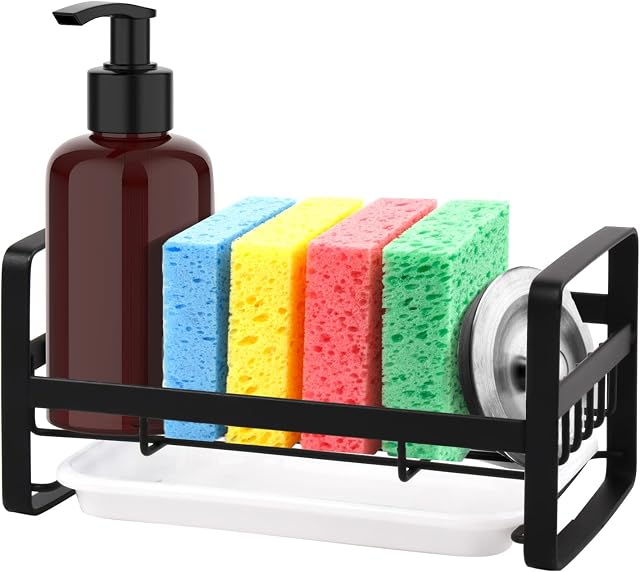 Sink Caddy Sponge Holder, Sink Caddy Organizer, Sponge Holder for Sink, Sink Tray Drainer Rack, Soap Dish Dispenser Brush Holder Storage Kitchen Countertop [Black]