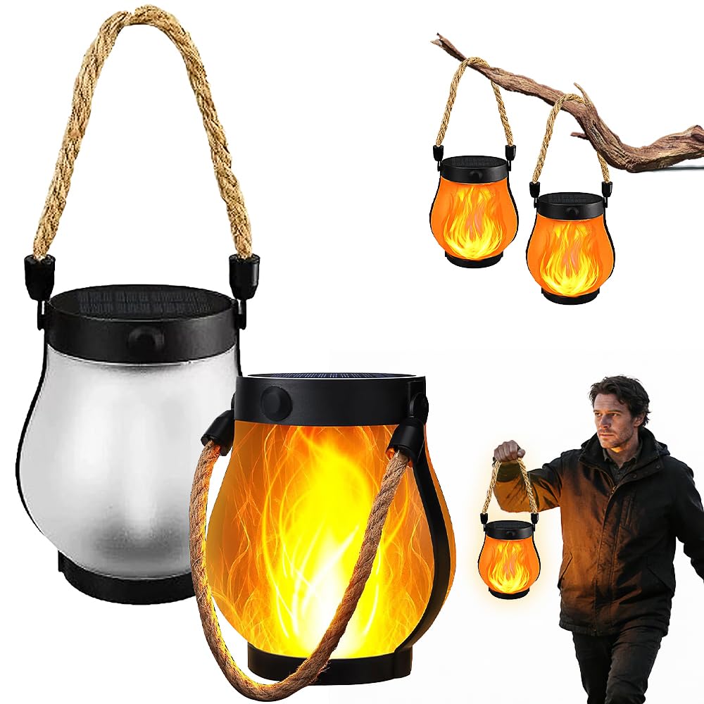 Dhqkqg Solar Lights Outdoor Garden, Waterproof Hanging SolarLanterns with 2 Modes Dual Charging USB & Solar, Realistic Flickering Flame for Garden Patio Camping Decor (2Pcs)