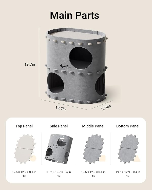 DownyPaws Cat House for Indoor Cats, 2-Storey Foldable Cat Bed Cave, Felt Cats Tunnel Bed Condo, Castle Kitten Cube Hideaway for Multicats, Scratch Resistant, Light Gray by DownyPaws - Image 8