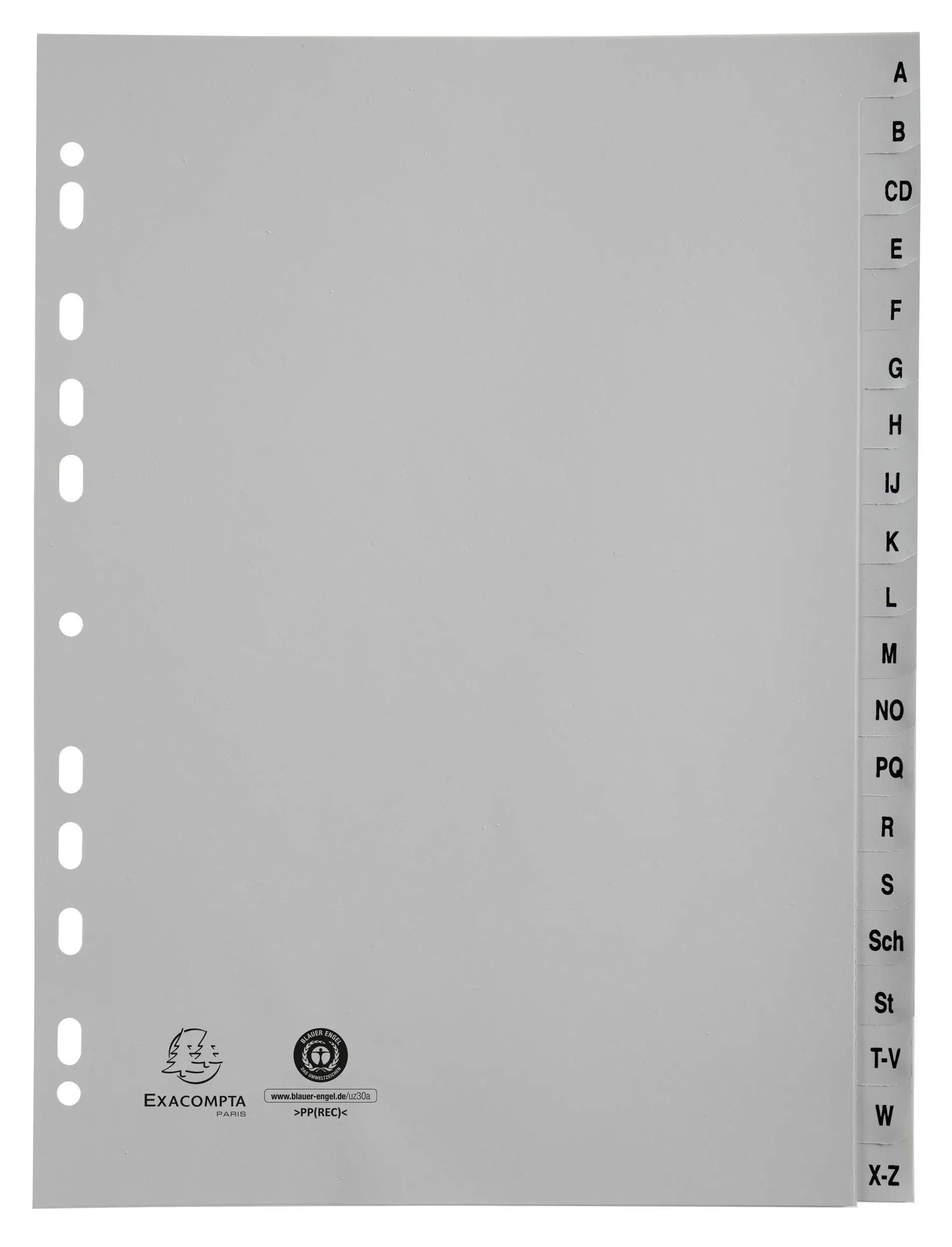 Exacompta - Ref 1720B - Box of 25 Indexes Printed alphabetically Printed Recycled PP Grey A-Z (German Alphabet) - 20 Positions - A4 - Grey