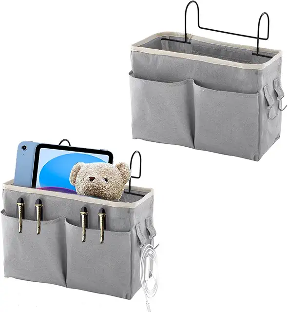 Ksvaye 2er-Set Bett-Organizer mit Drahtrahmen - Graue Aufbewahrungstasche für Hochbetten