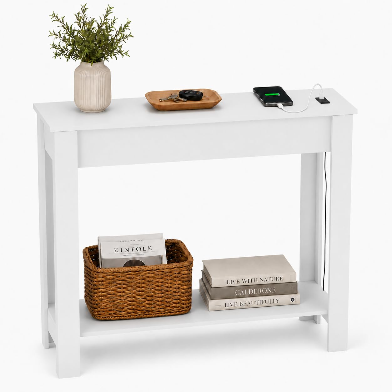 URBNLIVING Narrow Hallway Console Table USB Charging, White High Front