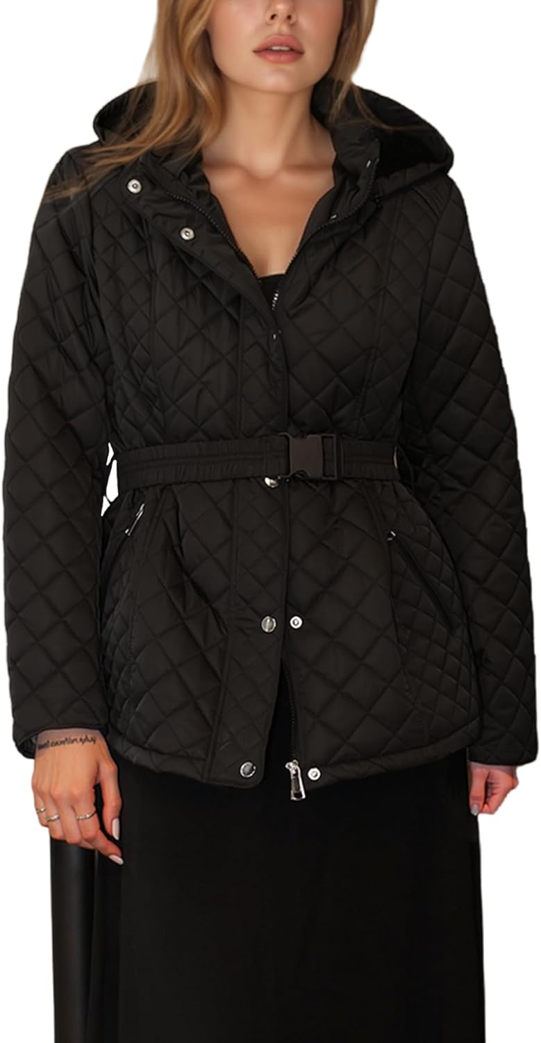 Bellivera Women Lightweight Coat Short Quilted Puffer Long Sleeve Belted Jacket Pockets