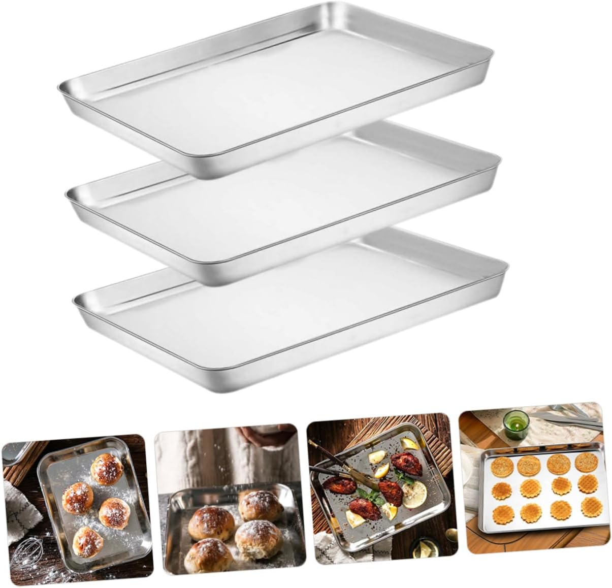 3pcs Stainless Steel Baking Sheet Pan Rectangular Food Tray for Oven for Baking Cookies Roasting Barbecues and Picnics Dishwasher Safe