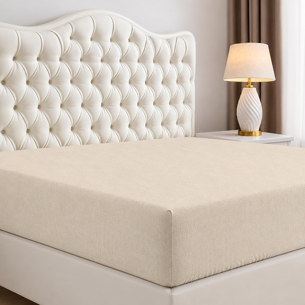 Queen Fitted Sheet, Ultra Soft Fits Up to 15 Inch Deep Pocket, Slub Beige — image 1