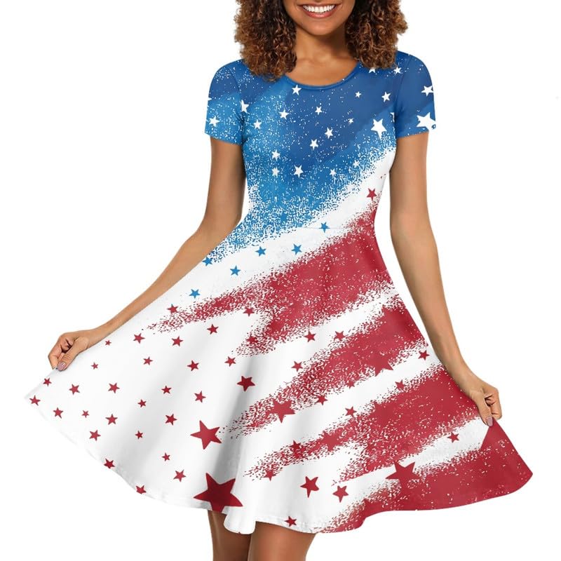 Image of Irisjudy T Shirt Dress for Women Short Sleeve Girls Short Sleeve Dress Plus Size, O Neck Knee Length Midi Dress for Ladies