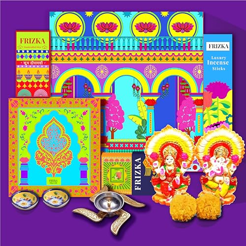 Image of Frizka Gift Box 2025 | Premium Gift Box with Incense, Diyas, Decorative Lights Laxmi Ganpati Murti, Decor & Candles | Pooja & Gifting Pack| Giftings for Birthdays, Fathers Day, Mother's Day
