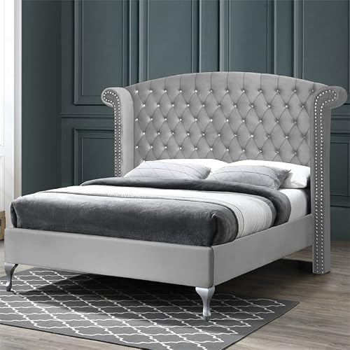 Pemberly Row Contemporary Crystal Tufted Velvet Platform Bed In Gray #TOP6