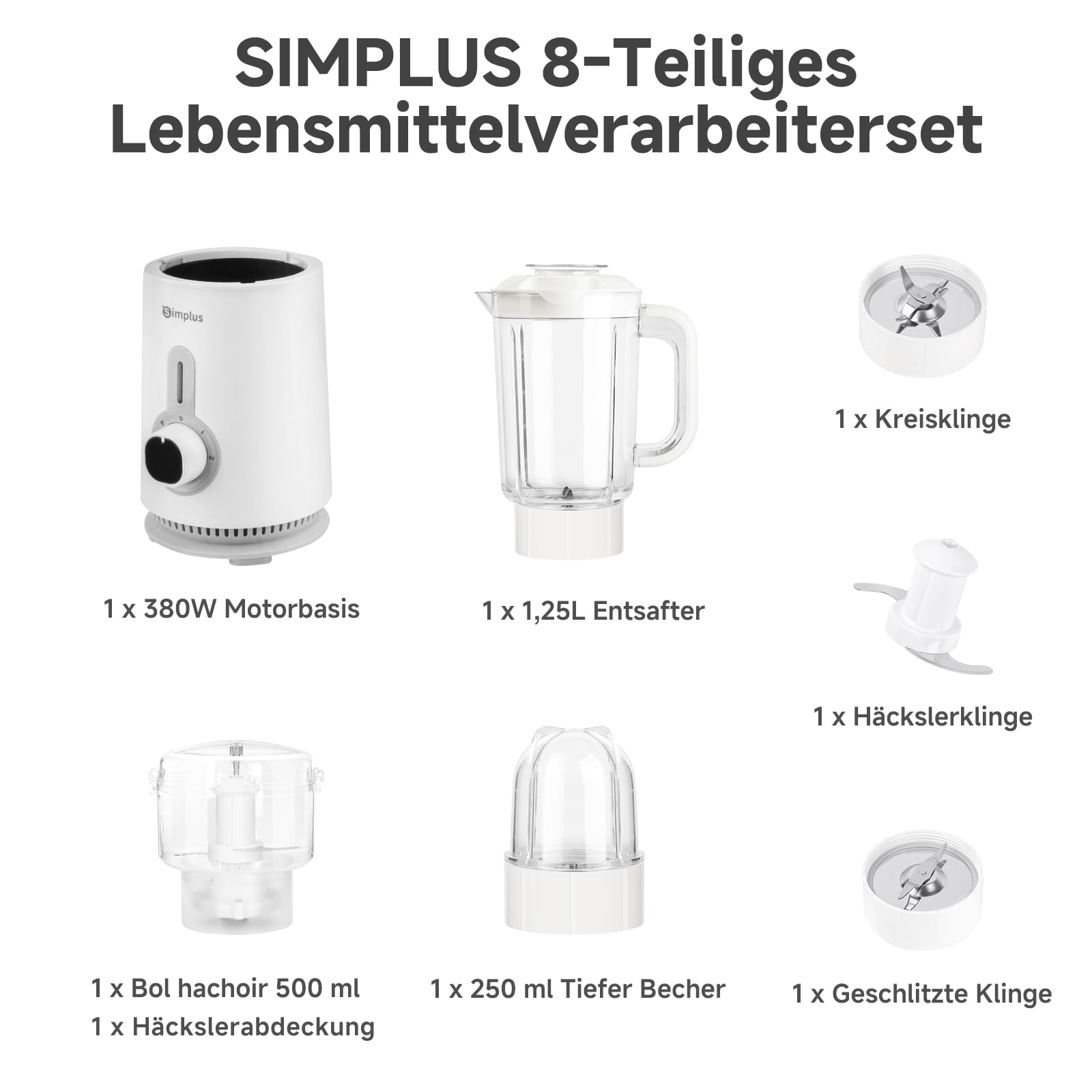SIMPLUS 3-in-1 Standmixer & Smoothie Maker mit 1,25L Mixbecher, 500ml Fleischwolf & 300ml Mahlbecher, 3 Geschwindigkeitsstufen mit Pulsfunktion, Edelstahlmesser