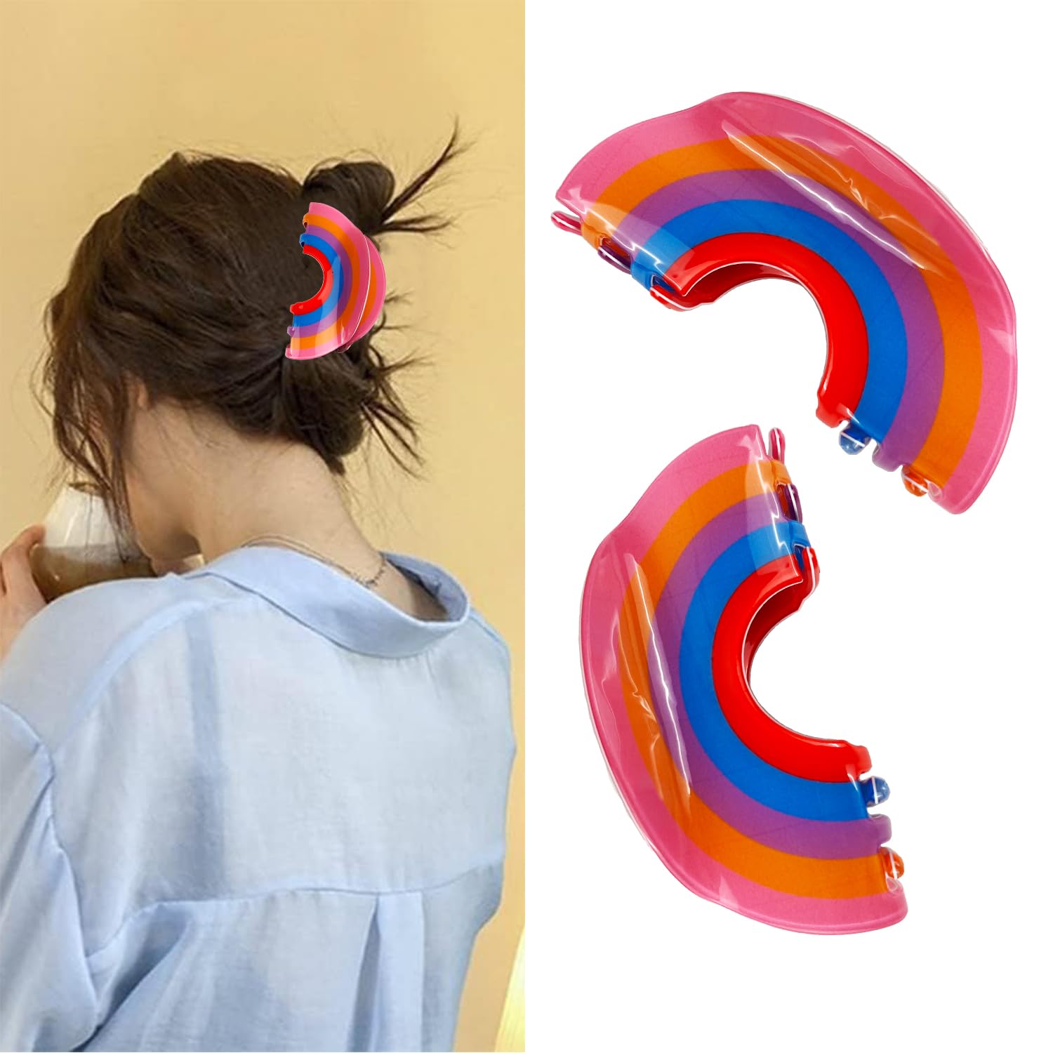 2PCS Rainbow Hair Claw Clip - Cute Colorful Fashion Non Slip Strong Hold Jaw Barrettes Acrylic Acetate Fun Claw Clips for Thin Thick Hair Curly Hair