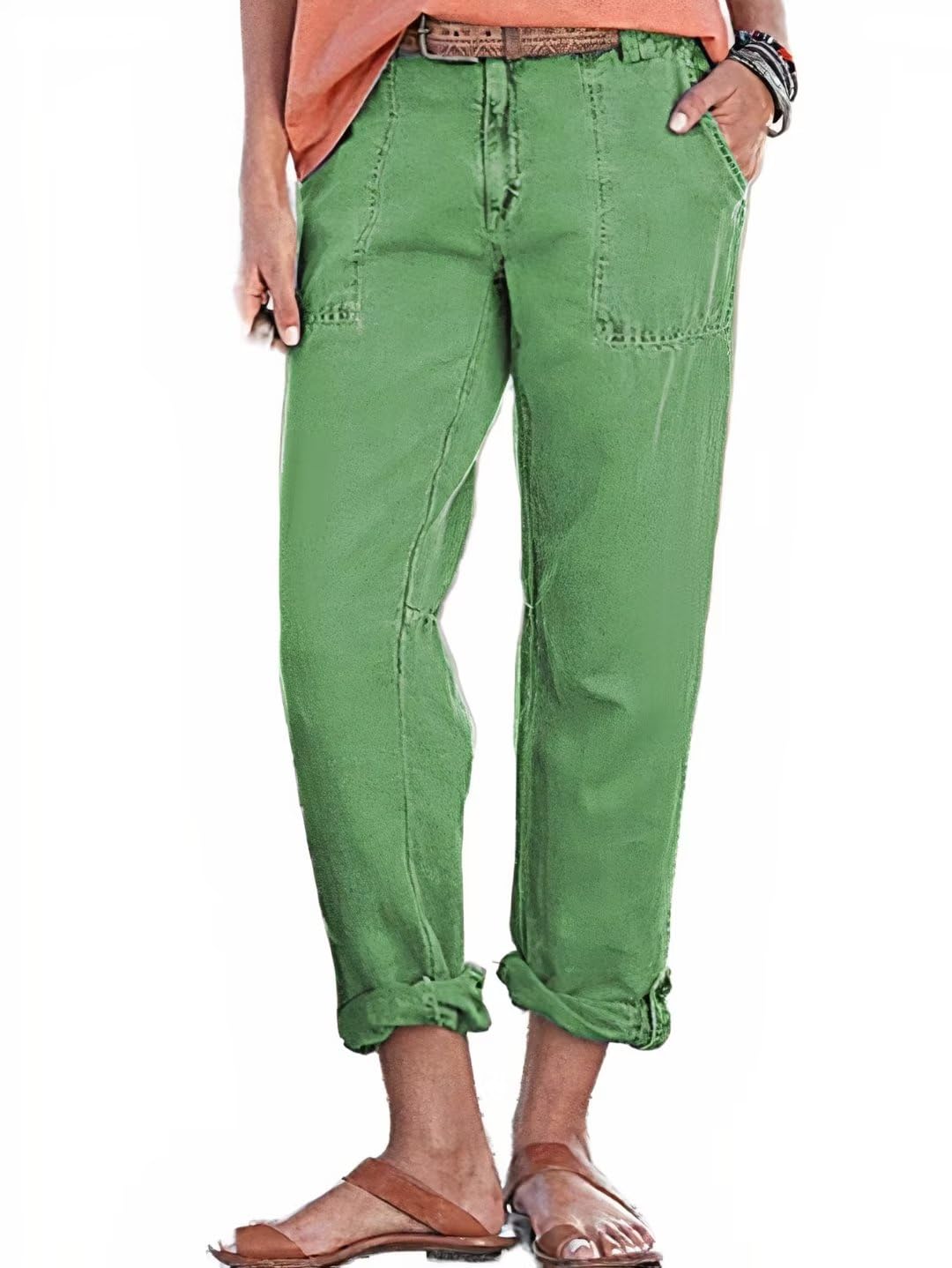 FlamingalsWomen's Slant Pocket Zip Fly Roll Tab Hem Pants Without Belt Mid Waist Casual Pants