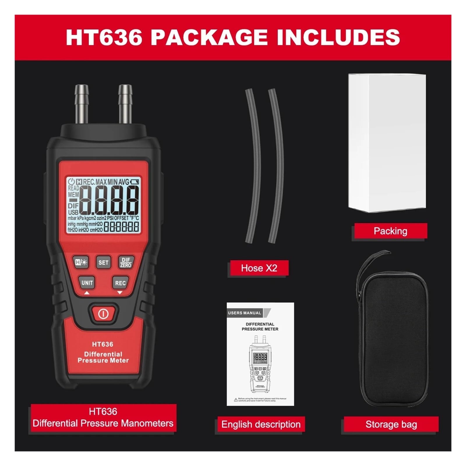 HT636 Manómetro digital de presión diferencial pantalla LCD servicio HVAC | Mide presión diferencial de aire para conductos HVAC, filtros, ventilación y diagnóstico