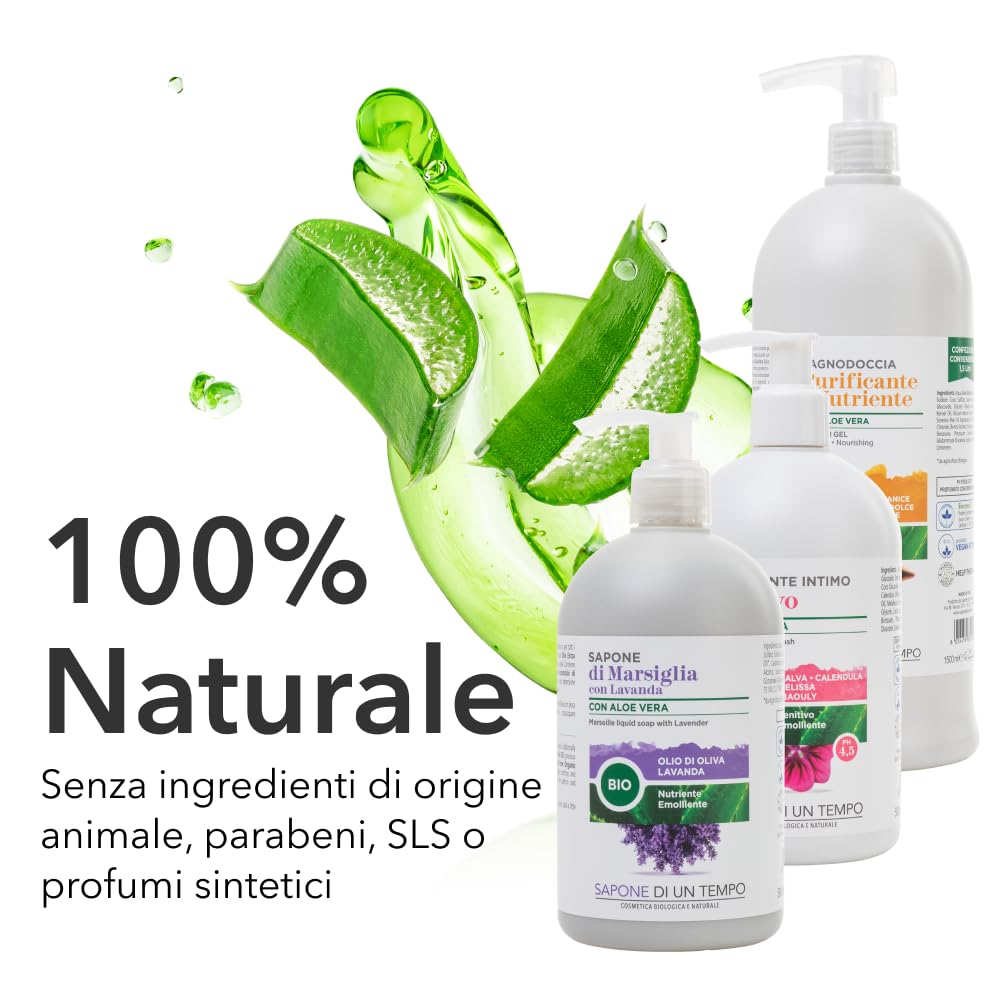 Sapone di un Tempo Detergente Intimo pH 4.5 + Sapone di Marsiglia Lavanda + Docciaschiuma Shampoo Aloe Argan 1500ml, Naturale, Vegan, Detergenti Corpo, Igiene Intima Donna, Mani e Capelli