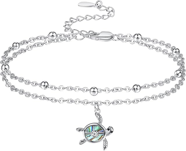 KINGWHYTE Turtle Anklet Ankle Bracelets for Women 925 Sterling Silver Sea Turtle Layered Foot Chain Bracelet Adjustable Foot Jewelry Abalone Shell Women's Anklets Gifts for Wife Girlfriend Mum Sister