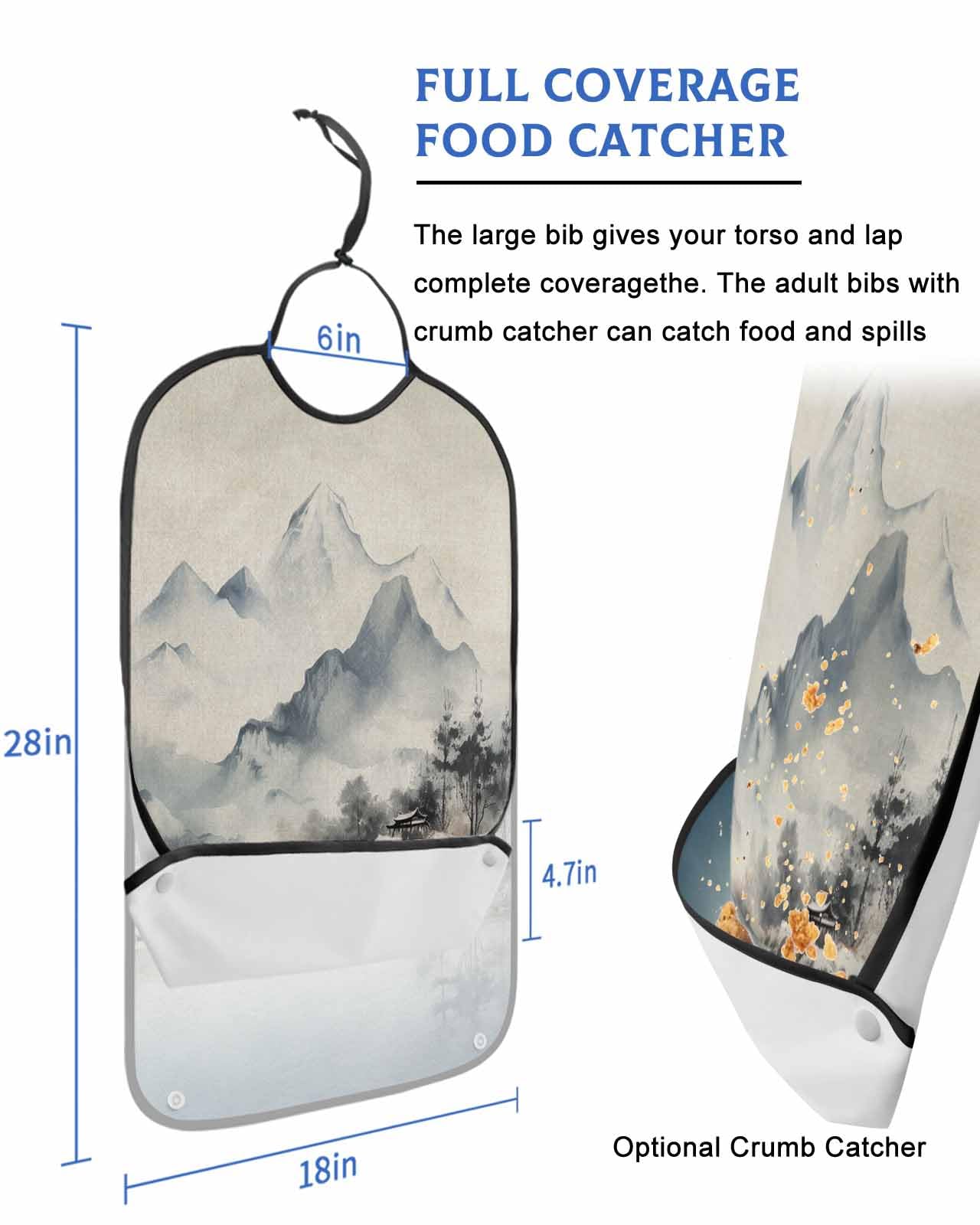 LEOKOTI Landscape Painting Adult Bibs for Eating, Waterproof Bibs with Food Catcher & Adjustable Snap Closure, Watercolor Mountains Farmhouse Washable Clothing Protectors Adult Bibs for Elderly