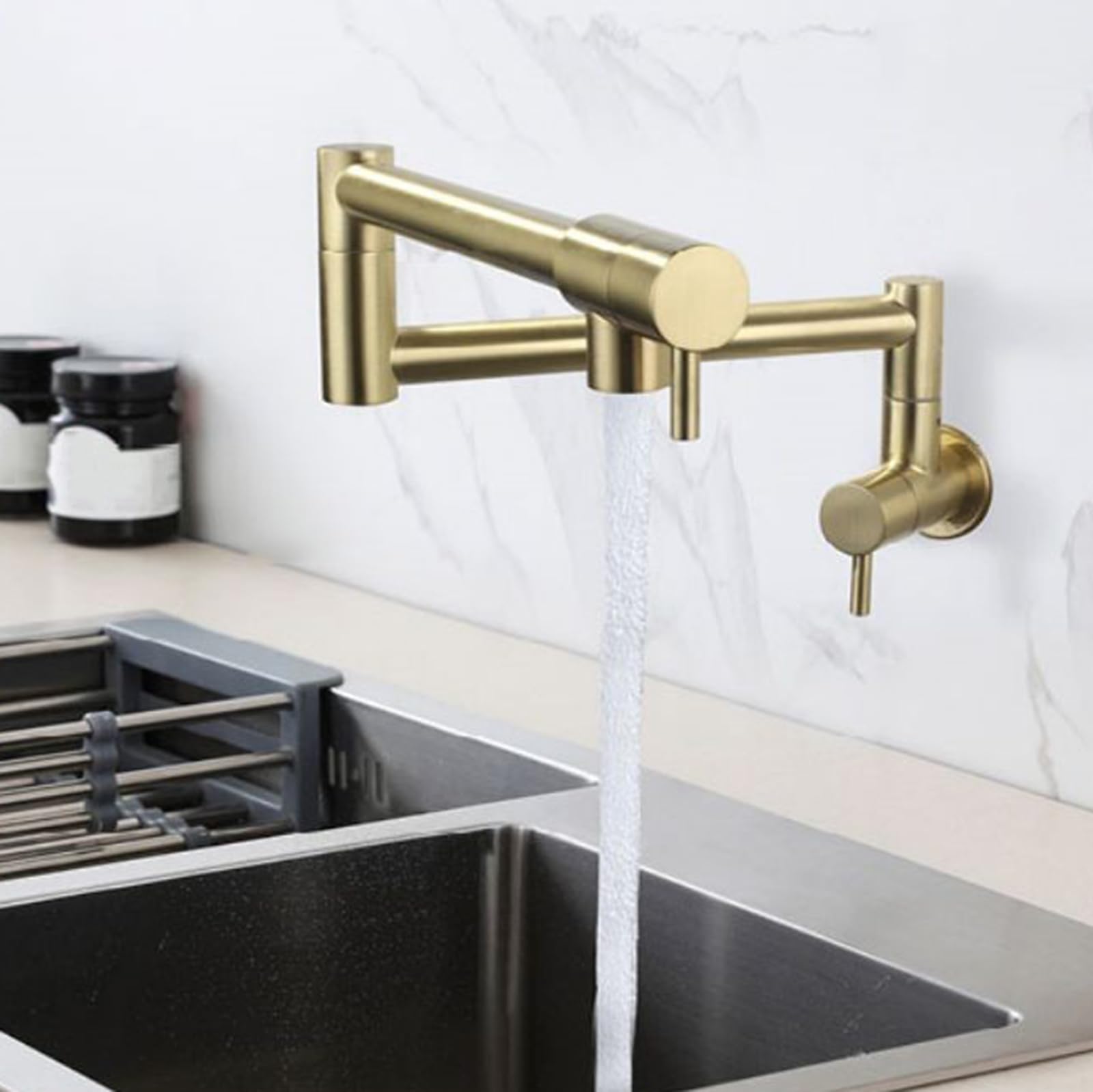 Grifo Cocina Pared Agua Fria Brazo Oscilante de Doble Sección Orificio Único Grifos de Llenado de Ollas Telescópico Plegable Acero Inoxidable,Oro Cepillado