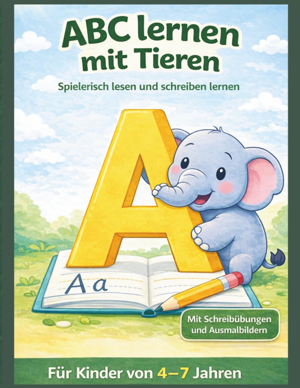 ABC lernen mit Tieren für Kinder 4–7: Buchstaben schreiben lernen mit Ausmalbildern, Schreibübungen und spielerischen Mitmach-Seiten – Vorschule und Grundschule