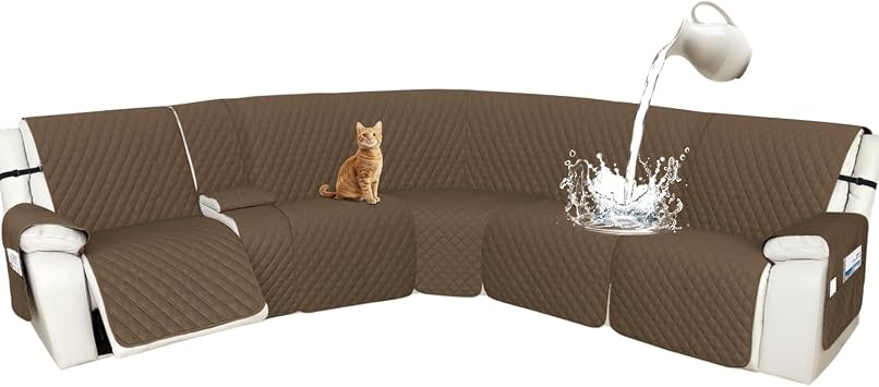 Arfntevss Recliner Sectional Couch Covers 1OO% Waterproof L Shape Sofa Cover for Reclining L Shaped Sectional Slipcover Washable Corner Non Slip Protector XL 5 Seater with 1 Console, Tan