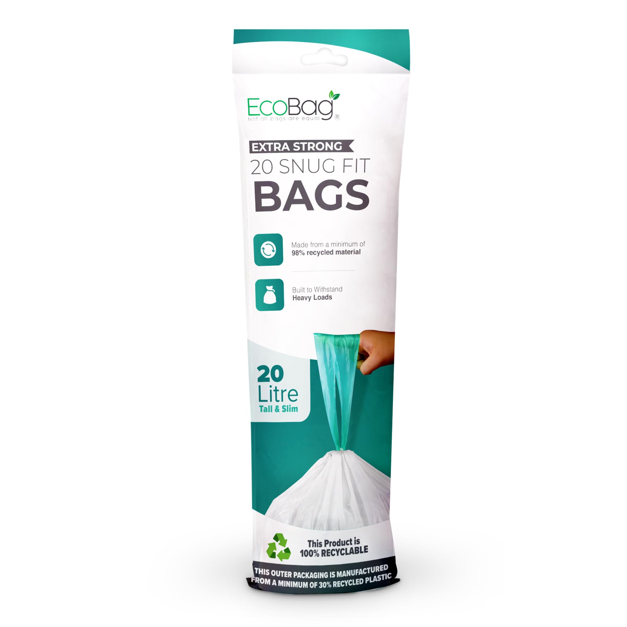 Ecobag Unscented (20L) - 20 Pack White Kitchen Drawstring Bin Liner - 20L - 24 Microns - Heavy Duty, Extra Strong, Brabantia Compatible, Eco-Friendly, Tear Resistant, Clear Recycling Bags (420 X 760Mm)
