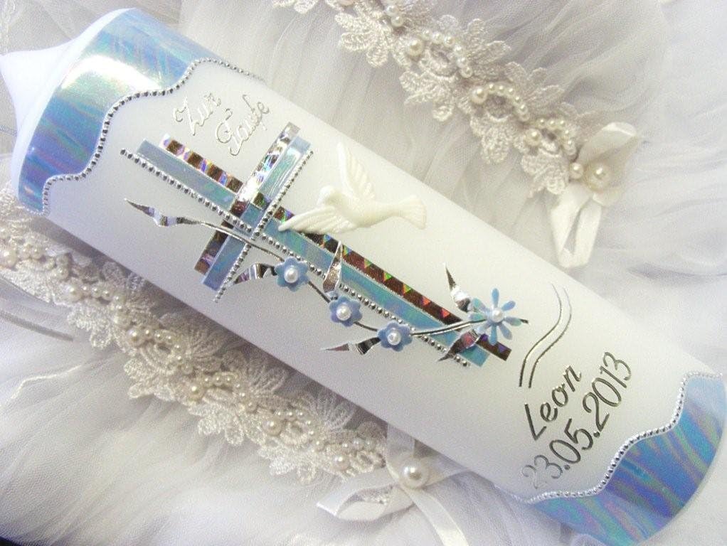 kerzenzauber-lusine Taufkerze, Kommunionkerze, Junge, Mädchen, 250 / 70 mm, VT-11 inklusive Zubehör zur Selbstbeschriftung.