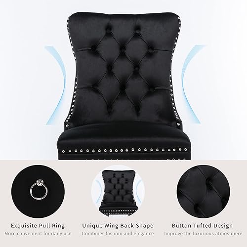 Miniatura 5 de Juego de 2 sillas de comedor de terciopelo negro, sillas de cocina y comedor, Sillas de Comedor, cabezas de clavos acolchadas, tapizadas de
