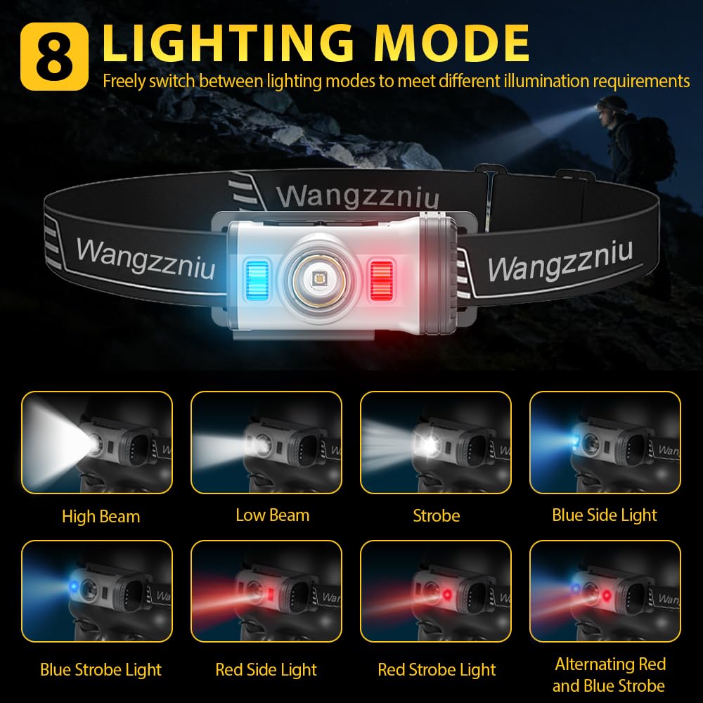 LED-Stirnlampe, wiederaufladbar, Typ C, 2 Stück, superhelle Kopflampen, 8 Modi, Clip-on-Kopf, leicht, IPX4, wasserdicht, für Radfahren, Laufen, Camping, für Kinder und Erwachsene