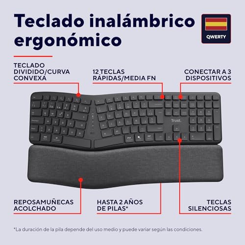 Trust Arvia Teclado Ergonómico Inalámbrico QWERTY Español, Negro | Dividido con Reposamanos, Silencioso, Multidispositivo, Bluetooth + 2.4GHz, PC Ordenador Portátil Mac 3