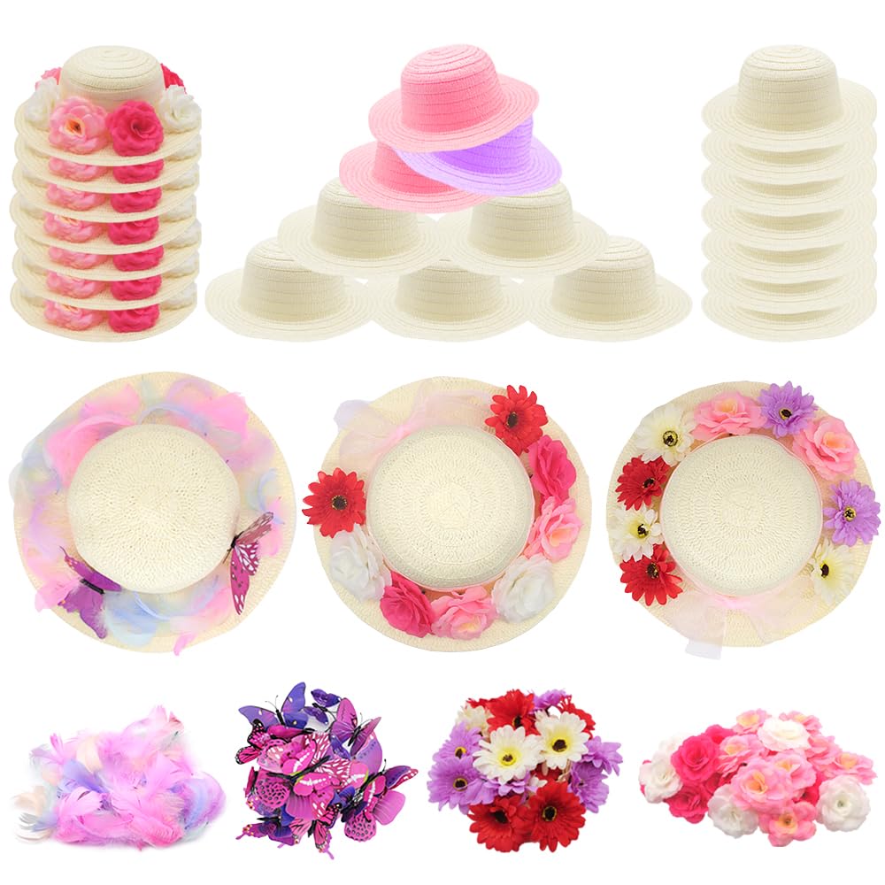 VoizVony 297 Pcs DIY Tea Party Hats for Girl Include 24 Pcs Straw Hats, Artificial Flower, Faux Butterfly and Fake Feather