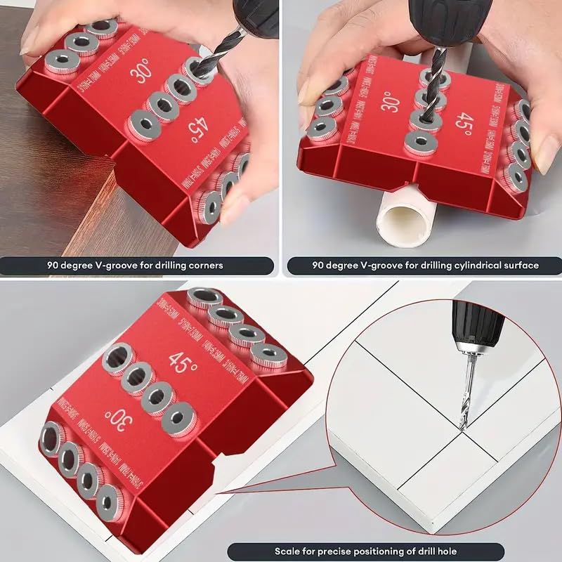 4 Sizes 30 45 90 Degree Angle Drill Guide Jig for Angled Hole and Straight Hole,Drill Block，Dowel Drill Guide，Stair Wire Handrail, Deck Cable Railing Lag Screw Drilling Template Block