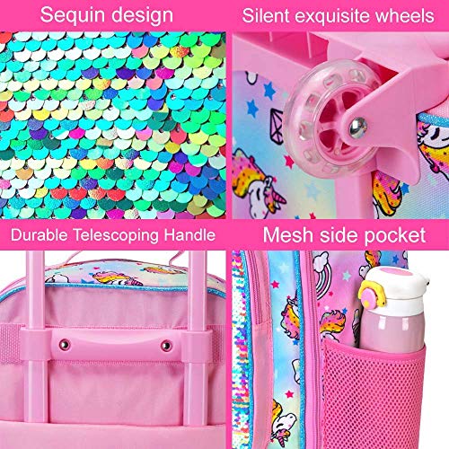 Agsdon 3Pcs Rolling Backpack For Girls, Kids Roller Wheels Bookbag, Wheeled School Bag With Lunch Bag - Unicorn #TOP5