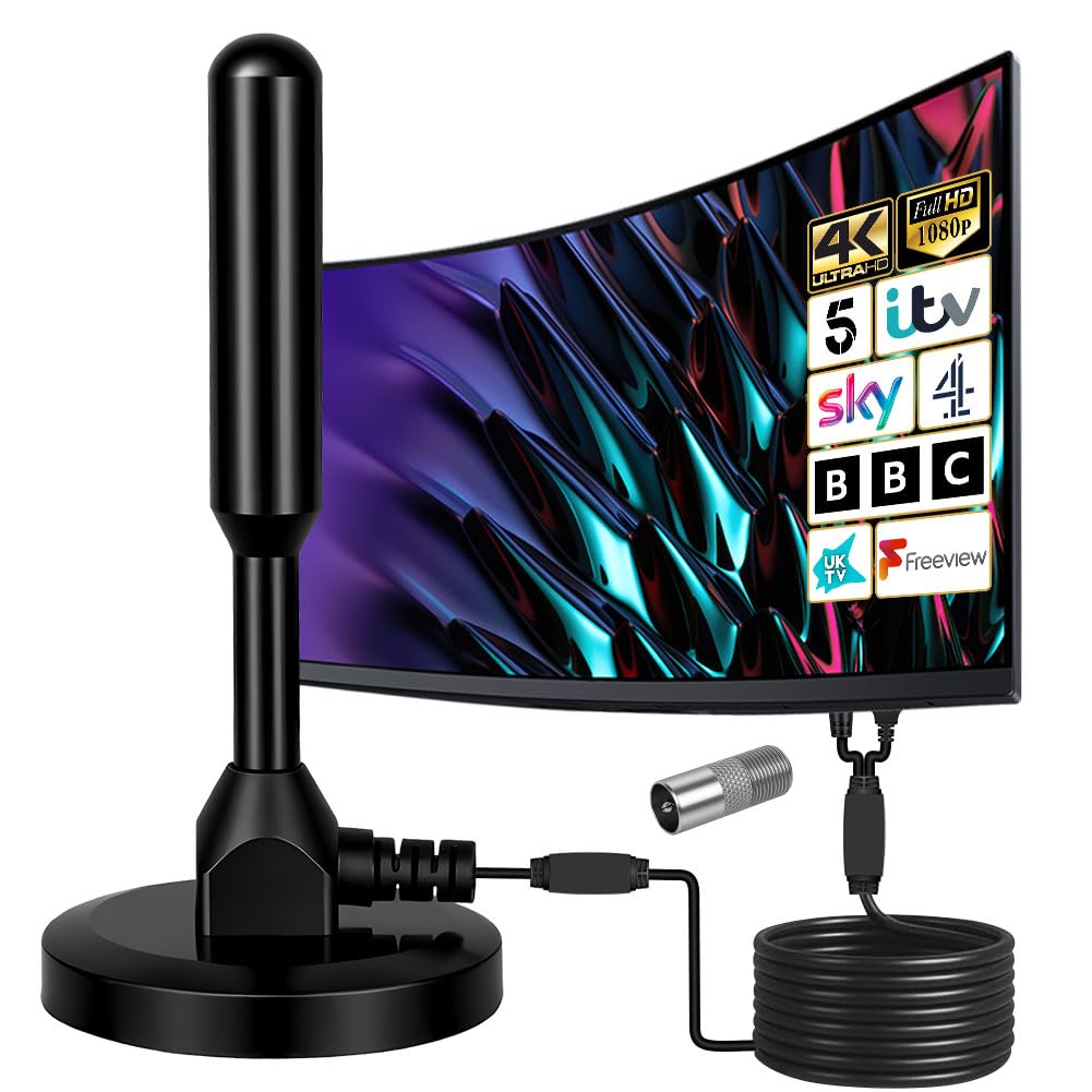 Antenna Tv Interna Amplificata Potente, Antenna TV Digitale HD, 360° Segnale Ricezione con Base Magnetica, Cavo Coassiale 5M per Smart TV/Radio